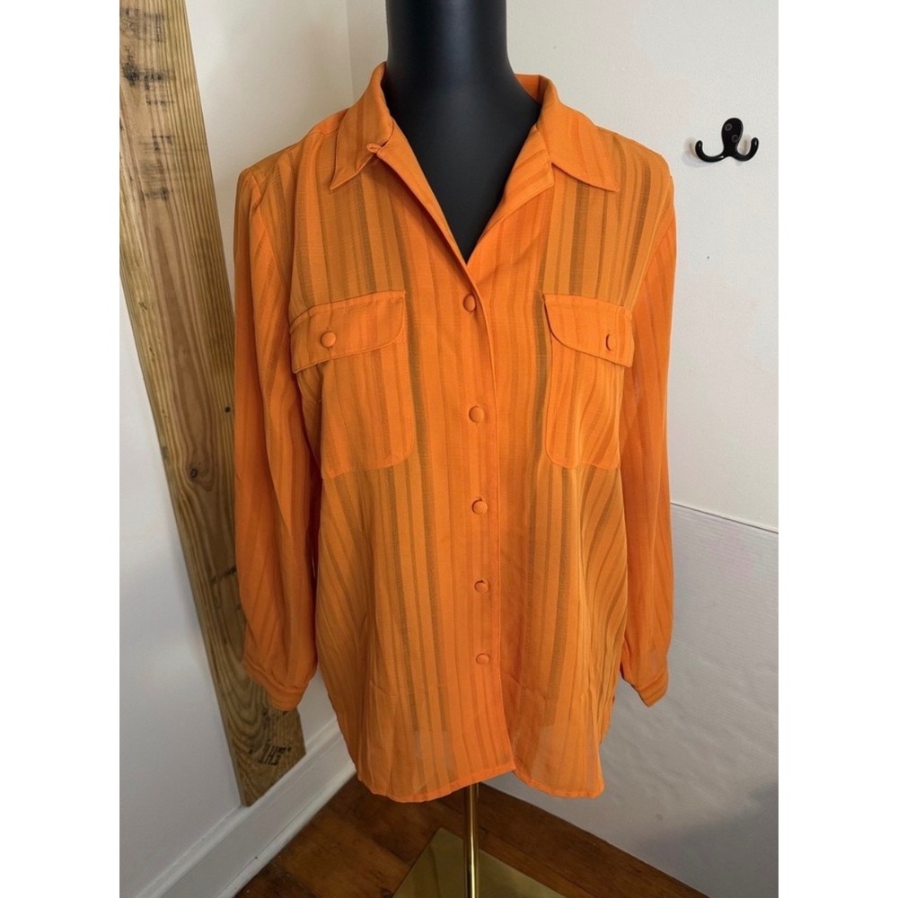 Liz Baker Petite Orange Sheer Striped Button Up Long Sleeve Women's Size 10P